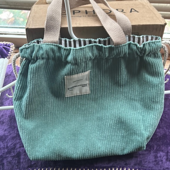 NWT MINT GREEN CORDUROY DRAW STING TOTE/ new/ fall green/ striped interior. Adj - Picture 6 of 12